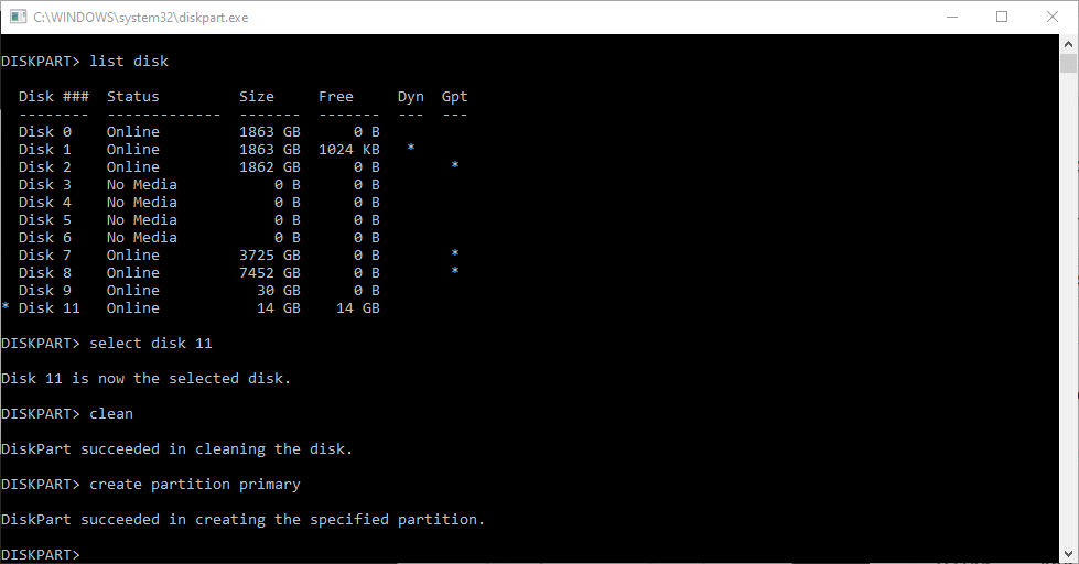 11) create partition primary