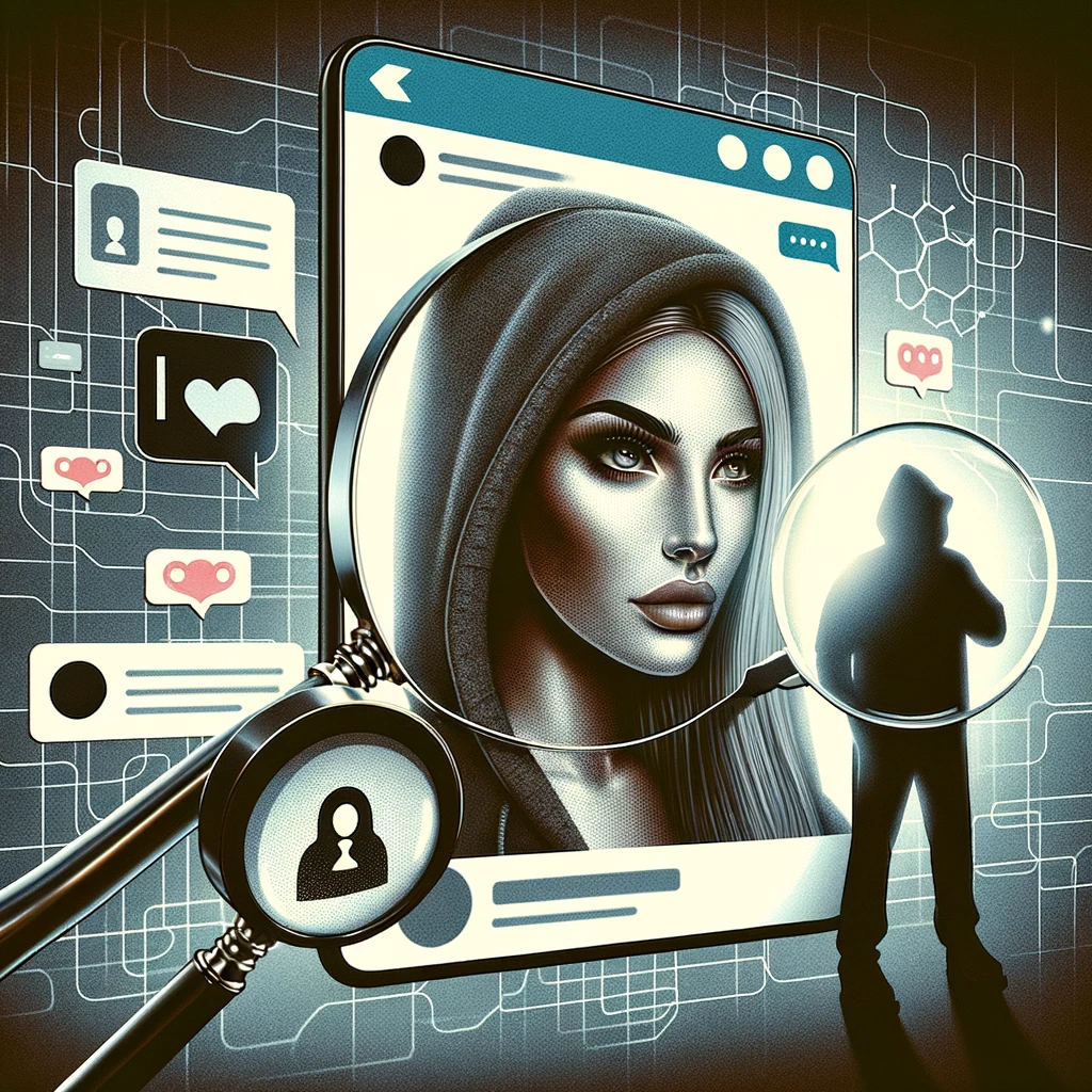 A digital artwork illustrating the concept of catfishing featuring a shadowy figure behind a computer screen symbolizing deception with warning signs and alert icons in the background